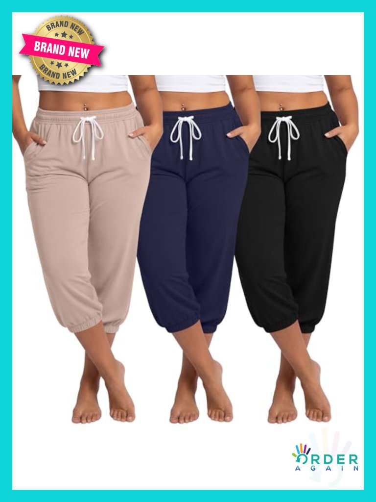 Plus Size Capri Sweatpants Cotton Drawstring Joggers 3 Pack Pockets